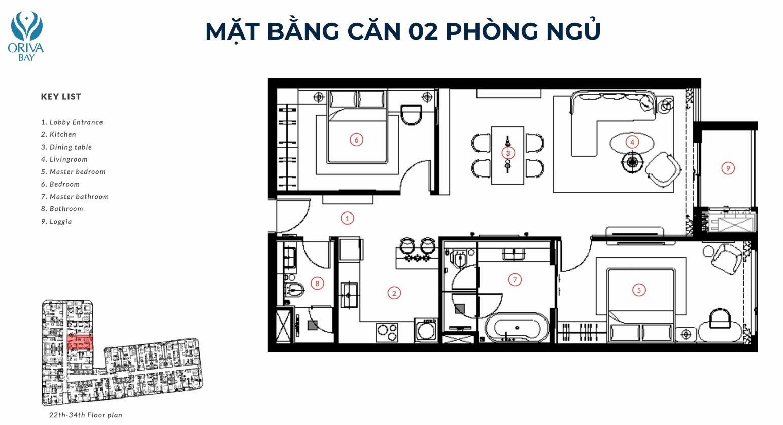 Mặt bằng căn hộ 2 phòng ngủ Oriva Bay Quy Nhơn – 2 phòng ngủ, phòng khách, bếp và loggia